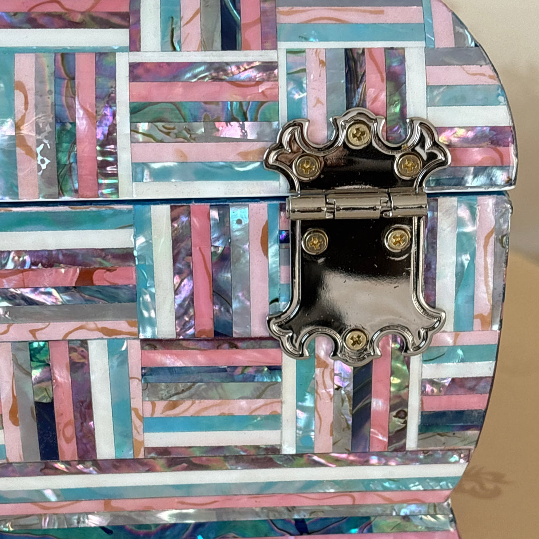Mother of Pearl Chest: Curved Body, Geometric Abalone Strip Composition