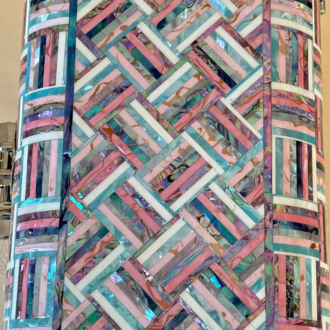 Mother of Pearl Chest: Curved Body, Geometric Abalone Strip Composition