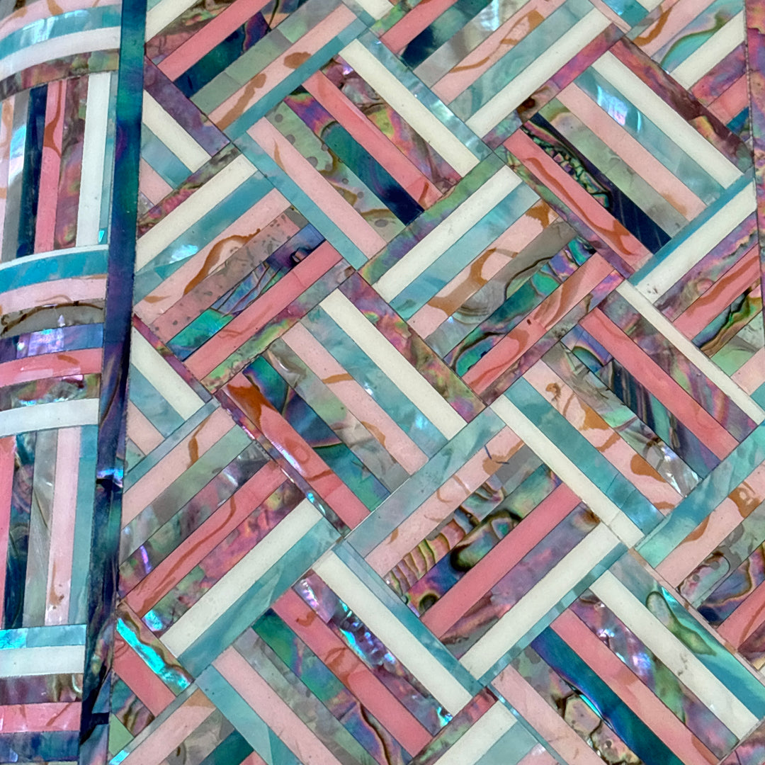 Mother of Pearl Chest: Curved Body, Geometric Abalone Strip Composition