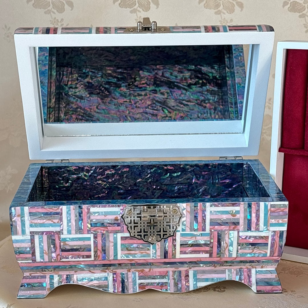 Mother of Pearl Chest: Curved Body, Geometric Abalone Strip Composition