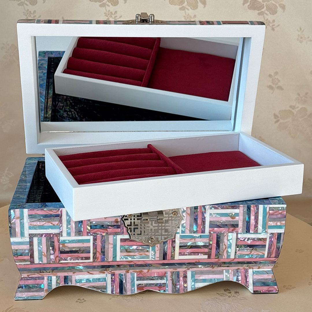 Mother of Pearl Chest: Curved Body, Geometric Abalone Strip Composition