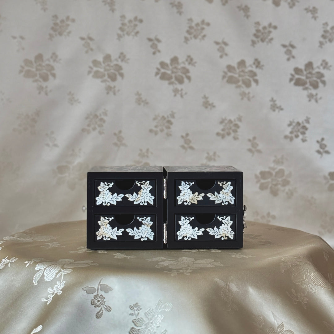 Mother-of-Pearl Double Jewelry Chest: Deep Black Finish with Butterfly and Vine Motif