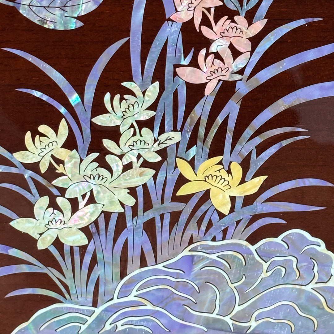 Mother of Pearl Folding Table: Grand Scale, Garden Landscape Motif with Peonies and Butterflies