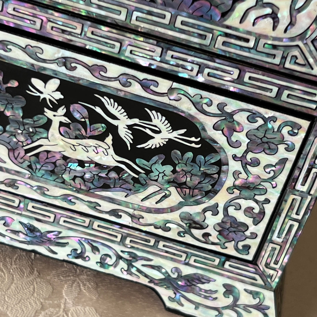 Mother-of-Pearl Double-Doored Jewelry Chest: Grand Scale, Longevity Motif on Black Ground