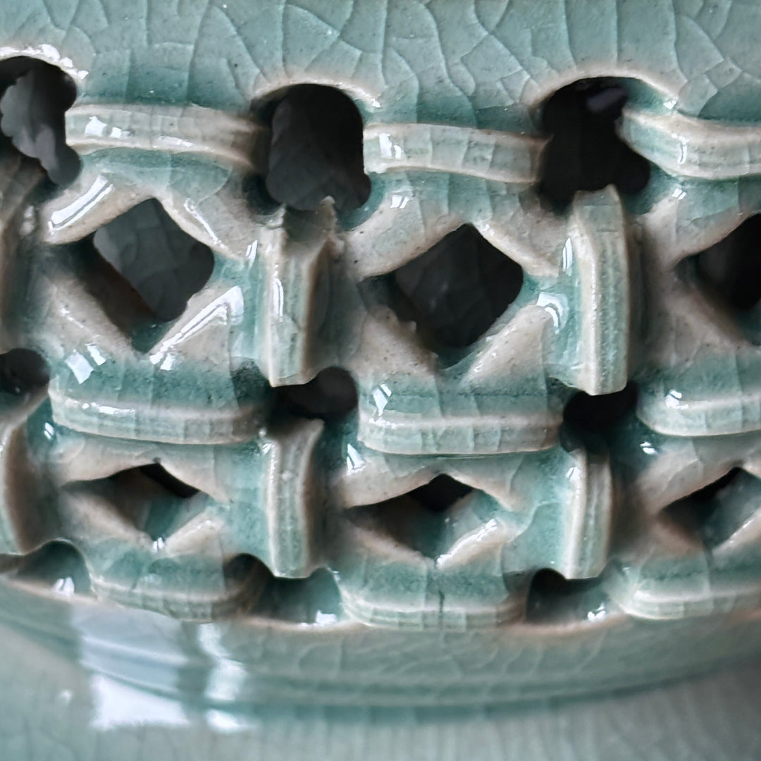 Celadon Incense Burner: Double-Wall Openwork with Inlaid Crane Motif and Dragon Handles
