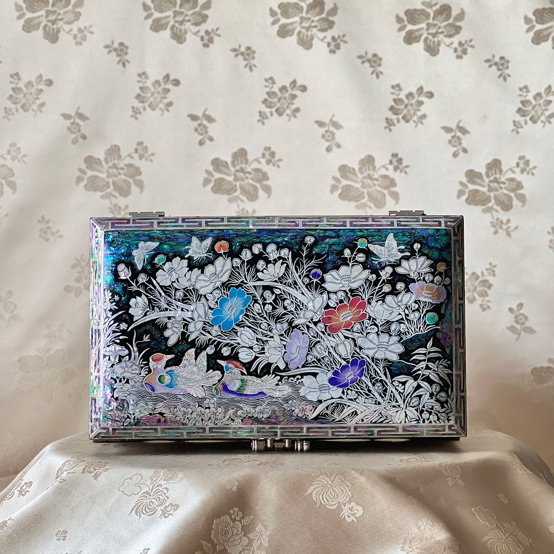Top view of a Korean mother-of-pearl jewelry box decorated with mandarin ducks, butterflies, and floral motifs