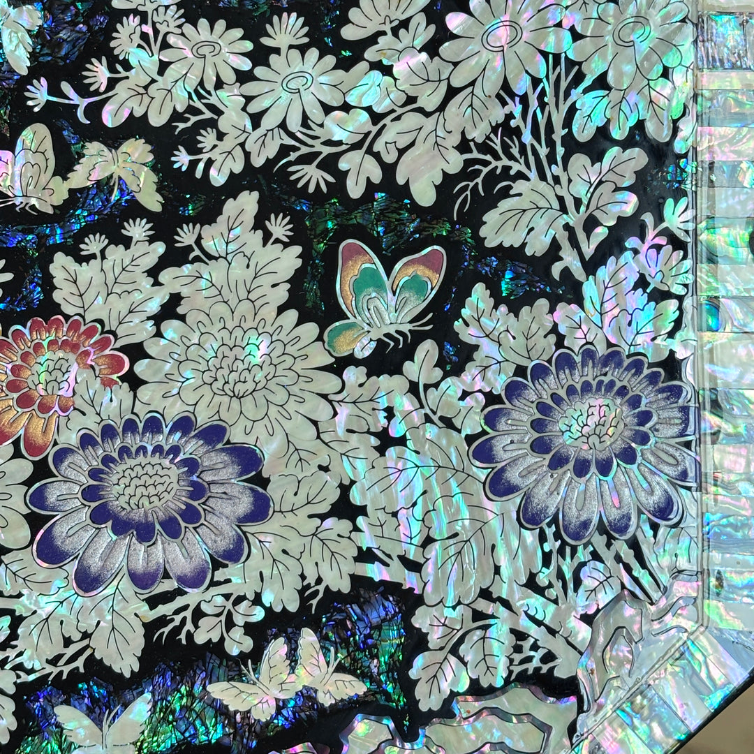 Mother of Pearl Octagonal Tray: Chrysanthemum and Butterfly on Abalone