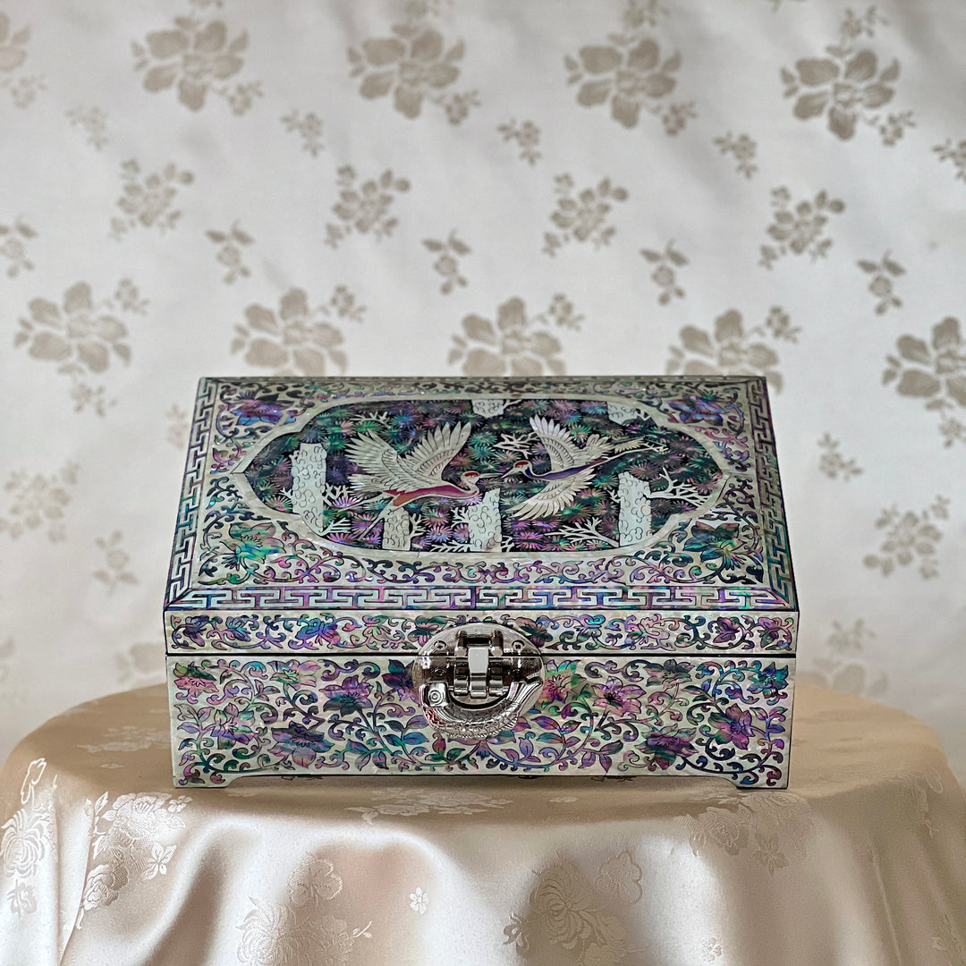Mother-of-Pearl Jewelry Box: Paired Cranes in a Pine Grove