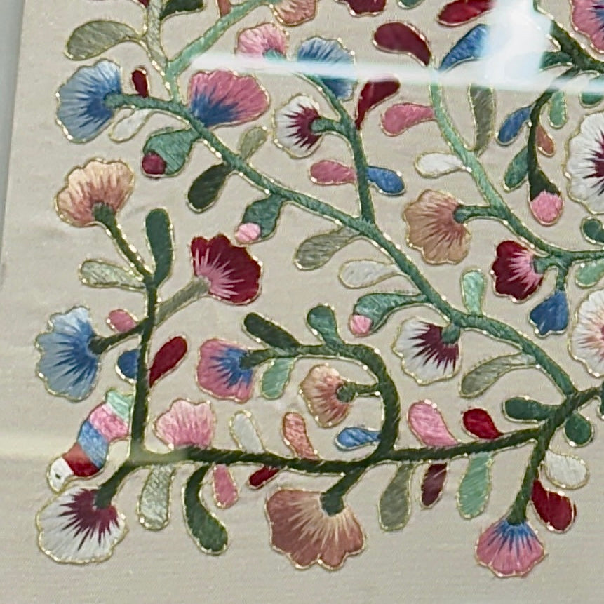 Embroidered Art Panel: Scrolling Vine (Dangcho) and Peony Motif on Beige Silk
