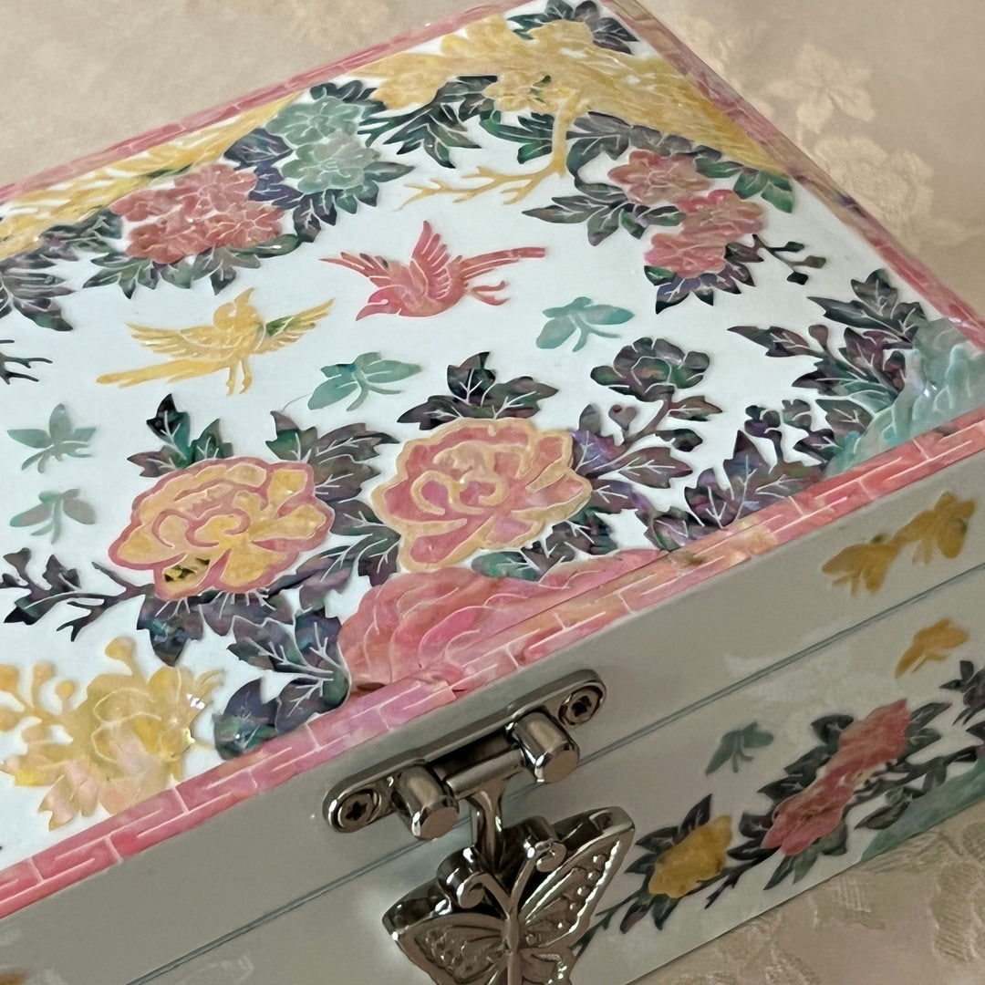 Mother-of-Pearl Jewelry Box: Peony and Bird Floral Motif on White Ground