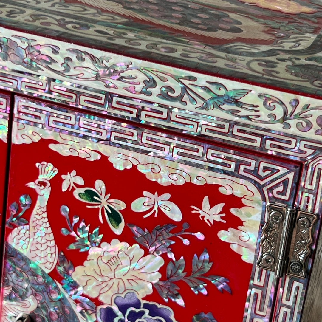 Mother-of-Pearl Double-Doored Jewelry Chest: Grand Scale, Longevity Motif on Red Ground