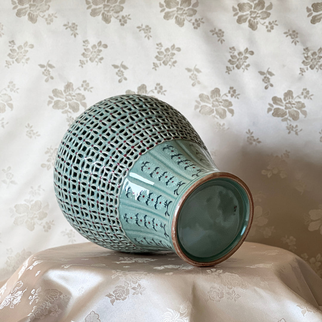 Celadon Double-Walled Openwork Vase: Inlaid Chrysanthemum and Chilbo Pattern
