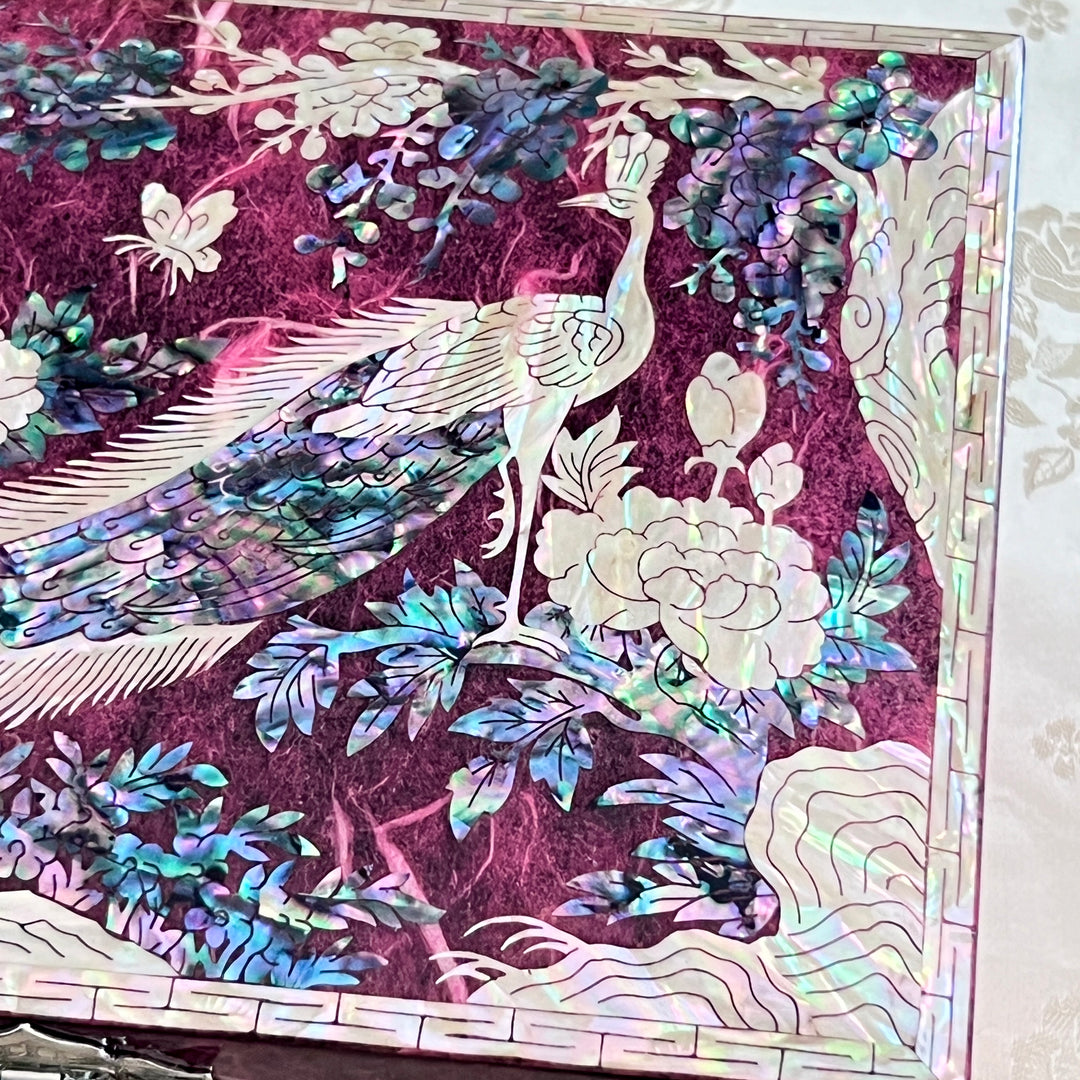Mother of Pearl Jewelry Box: Peacock and Peony Motif on Deep Purple Hanji Body