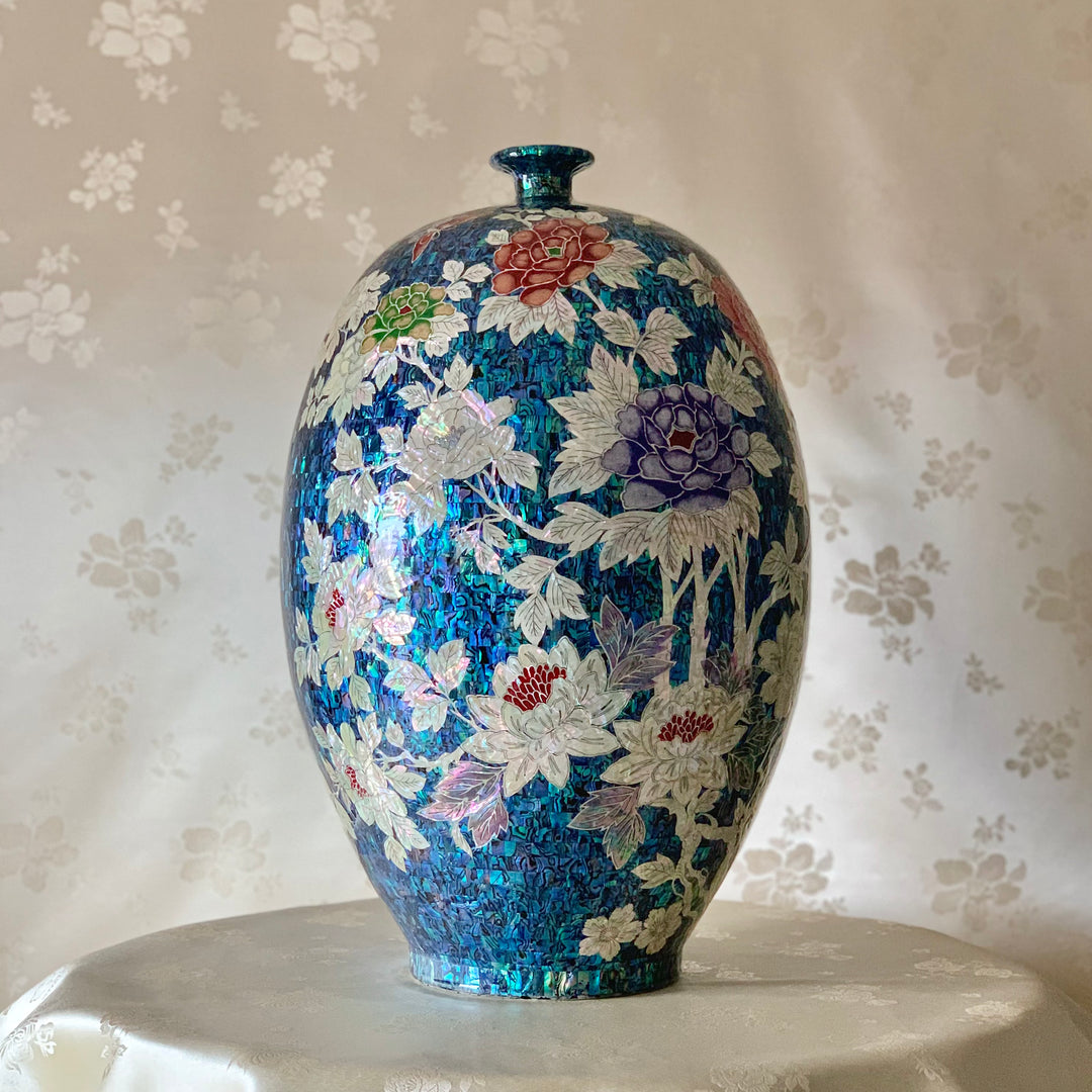 Ceramic Mother of Pearl Long Vase with Butterfly and Peony Pattern (자개 호접 목단문 호)
