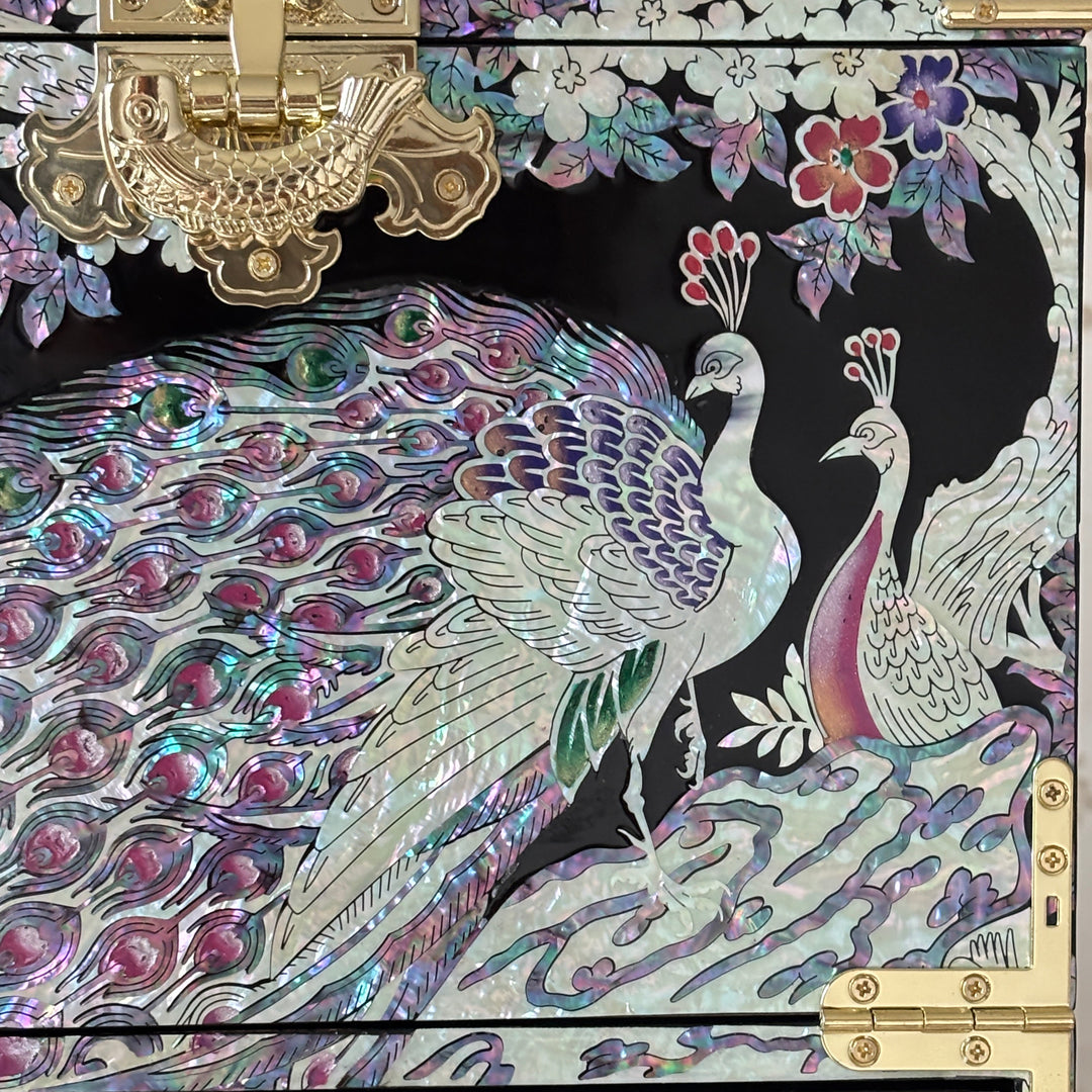 Mother of Pearl Bandaji Chest: Peacock and Peony Motif Jewelry Cabinet
