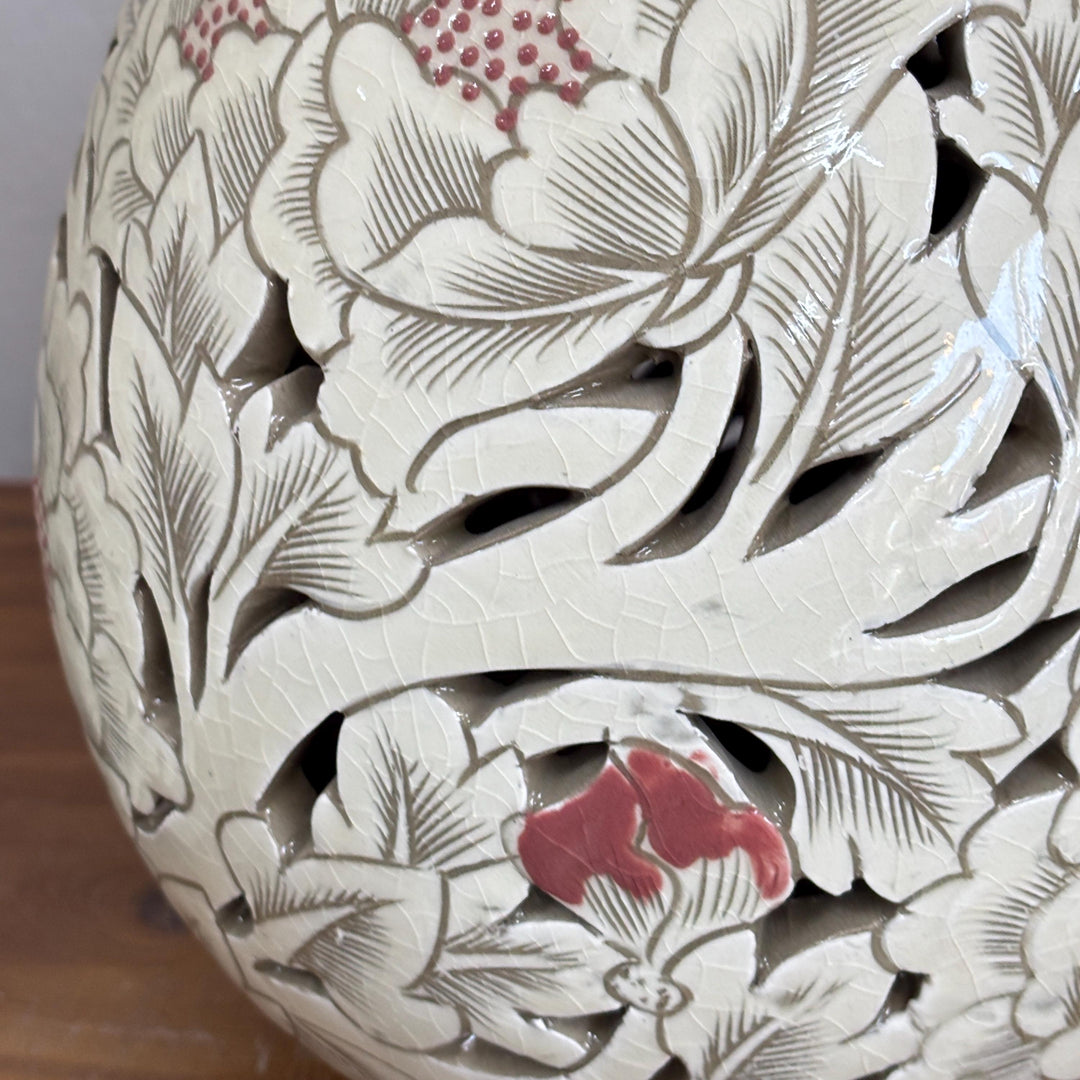 Grand-Scale Buncheong Openwork Vase Set: White Slip with Carved Peony Motif,