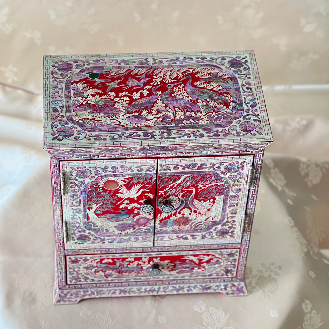 Mother-of-Pearl Double-Door Jewelry Chest: Longevity Motif, Red Ground