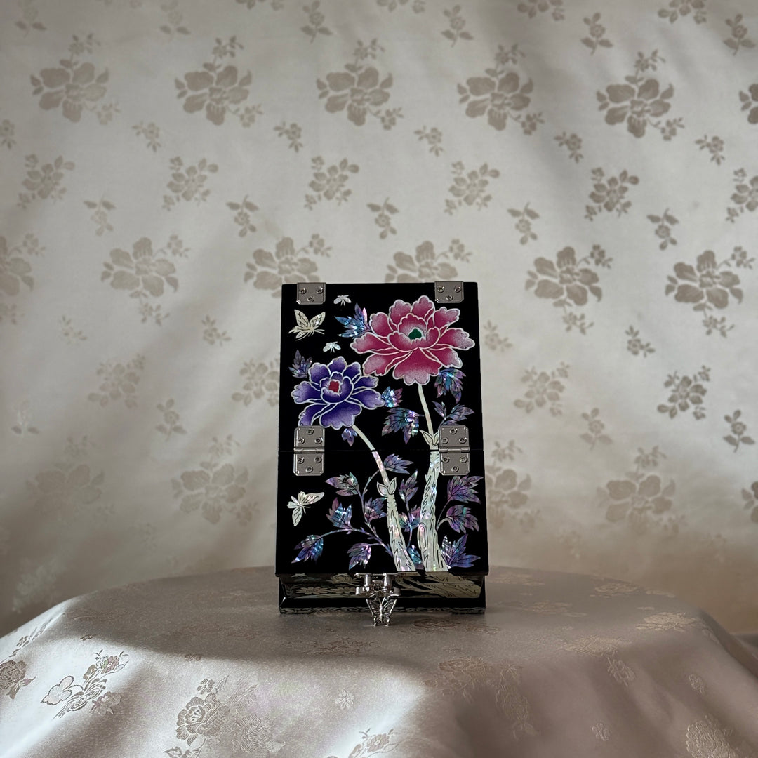 Mother of Pearl Vanity Chest with Mirror Stand: Black Body, Peony Motif