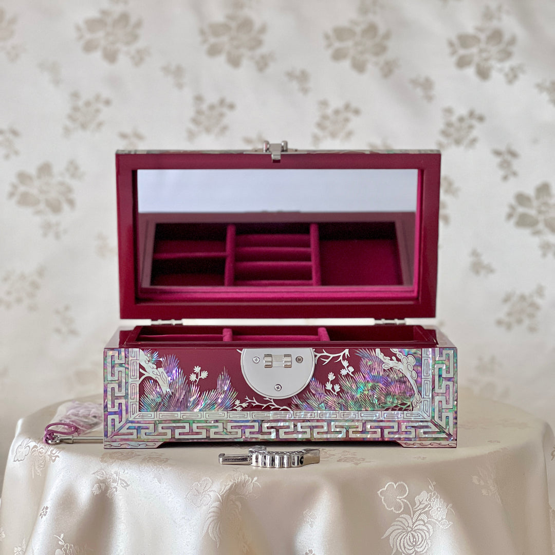 Mother of Pearl Wine Color Wooden Jewelry Box with Pine, Crane and Vine Pattern (자개 송학 당초문 보석함)