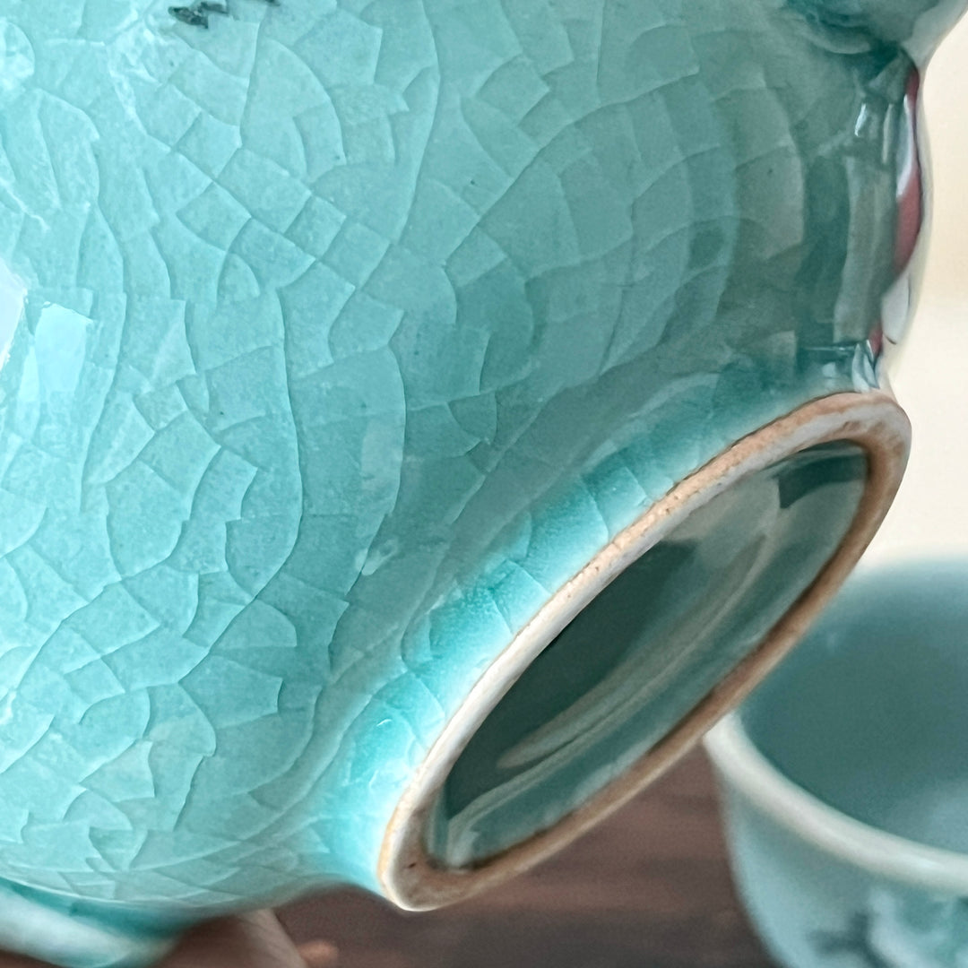 Celadon Tea Set (Dagi): Inlaid Crane and Cloud Motif, 2-Person Set, Round Shape