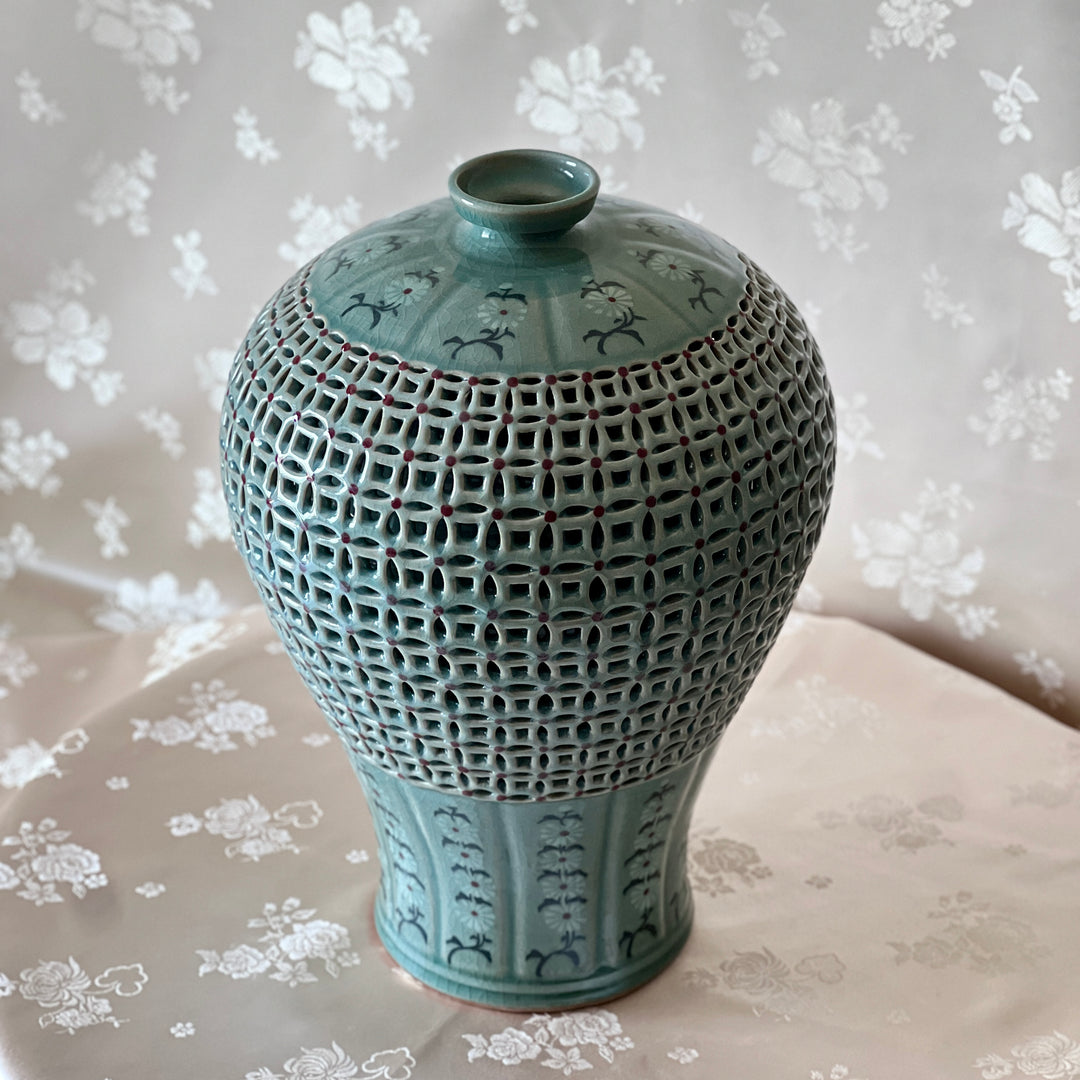 Celadon Double-Walled Openwork Vase: Inlaid Chrysanthemum and Chilbo Pattern