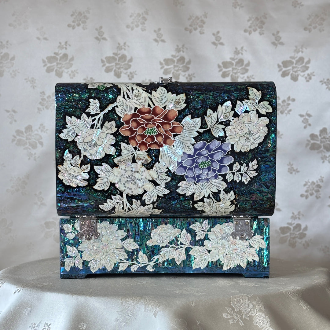 Mother of Pearl Jewelry Box: Peony and Butterfly on Deep Blue Abalone