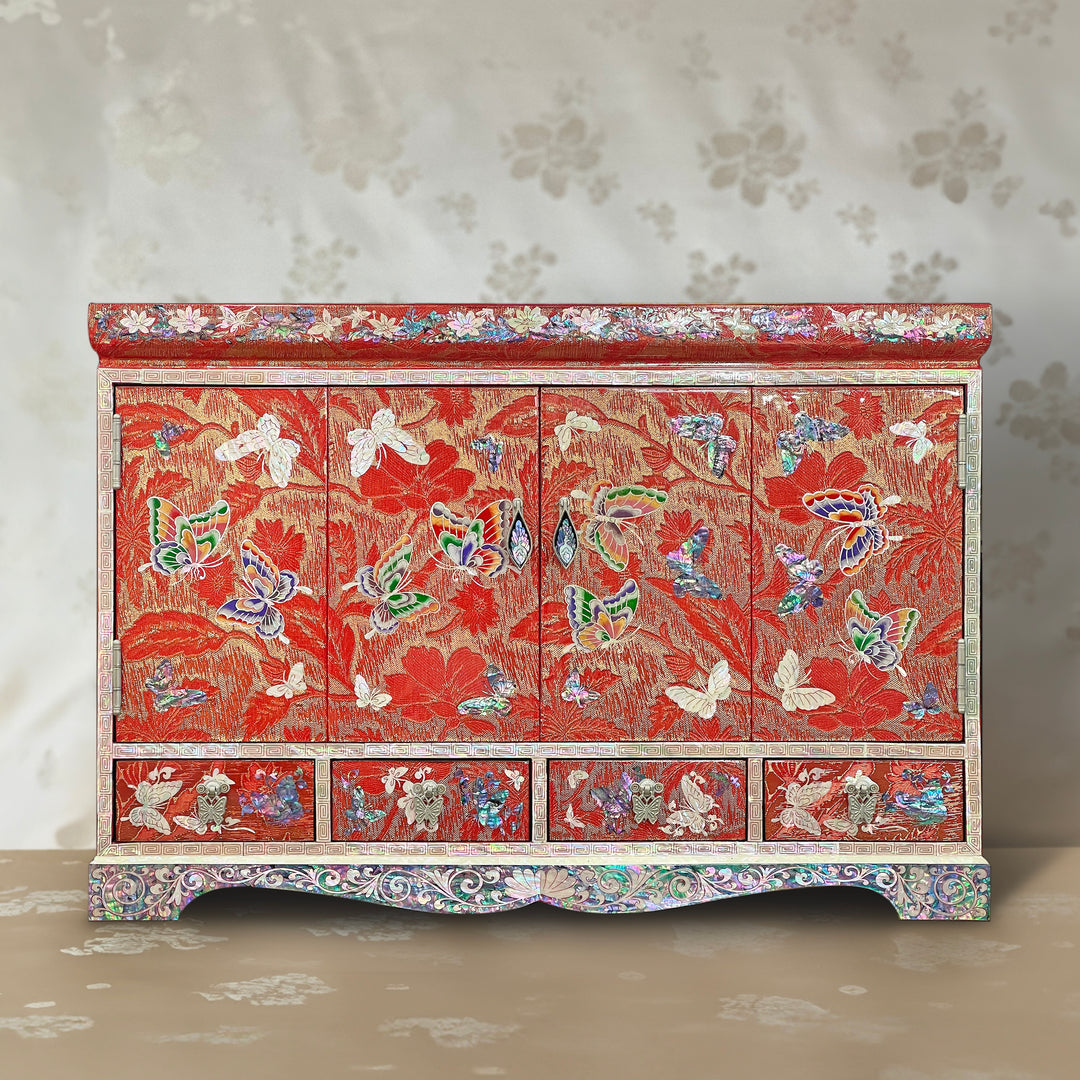 Orange Silk-Layered Mother of Pearl Double Doored Jewelry Box with Butterfly and Vine Pattern (자개 비단 금사 호접 당초문 보석함)