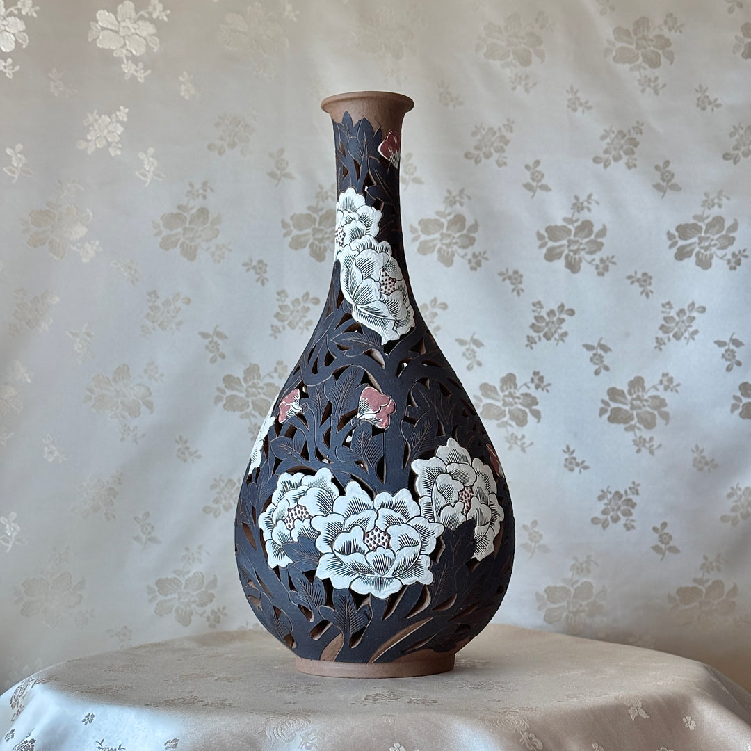 Buncheong Openwork Vase Set: Grand-Scale, Peony Motif with Three-Color Slip, Unglazed Finish