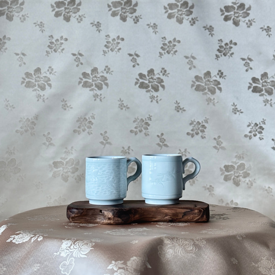 Korean White Porcelain Cups with Incised Crane Motif, Pair