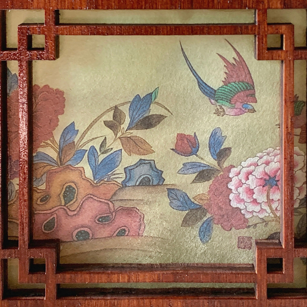 Wooden Accent Lantern for Hanging with Traditional Painting Pattern (화조도 목재 걸이 등)