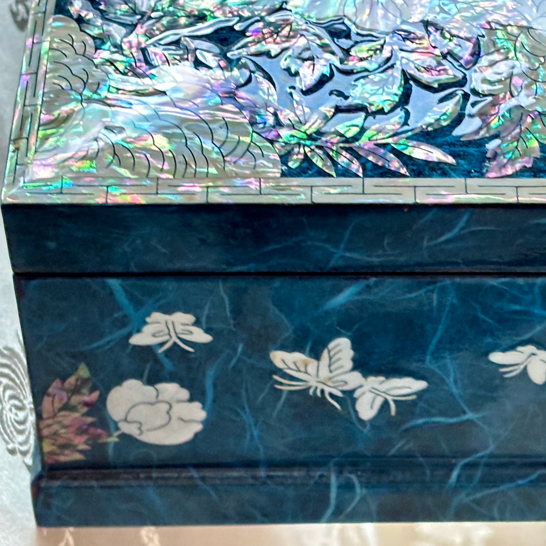 Mother of Pearl Jewelry Box: Butterfly and Peony Motif on Navy Hanji
