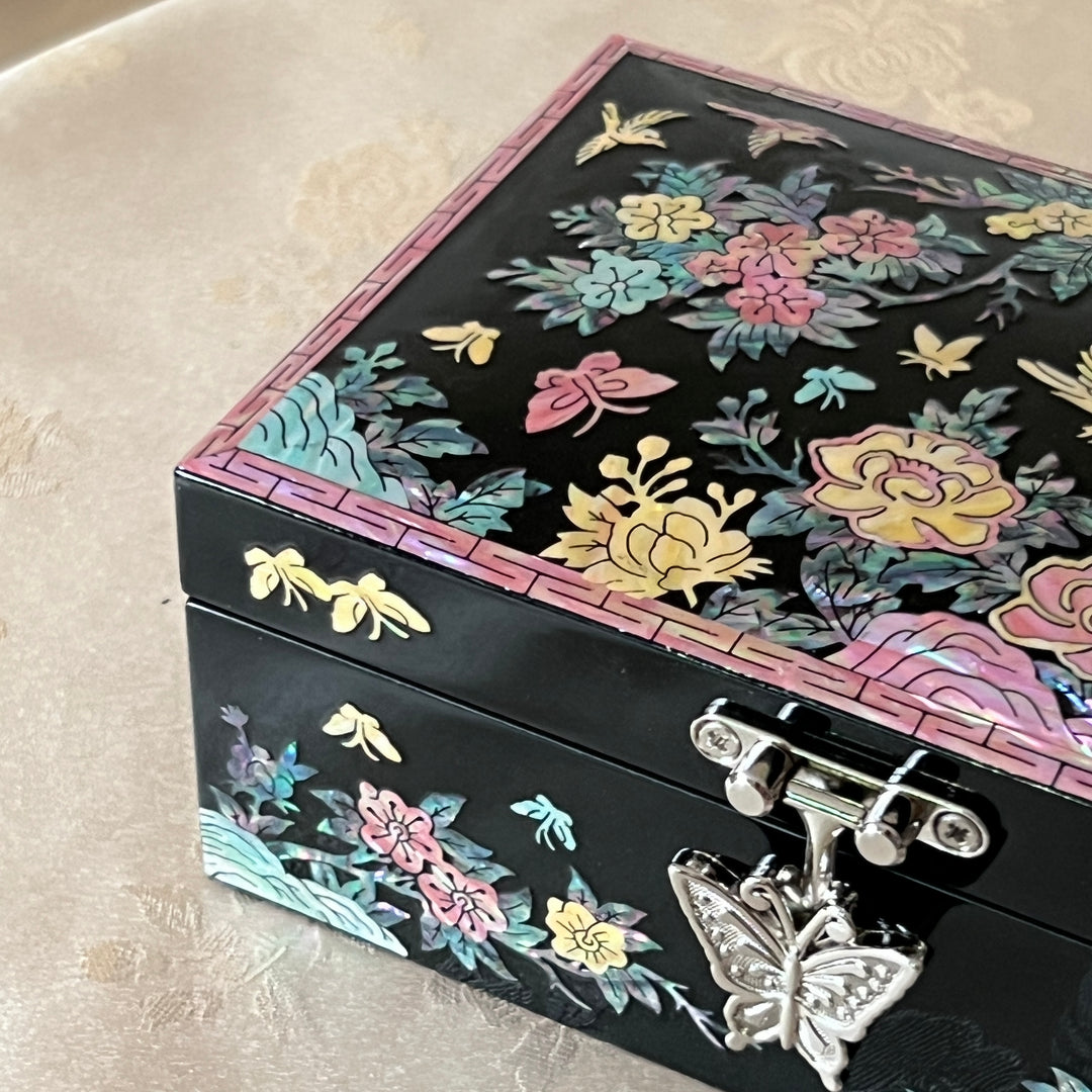 Mother-of-Pearl Jewelry Box: Plum Blossom and Bird Floral Motif on Black Ground
