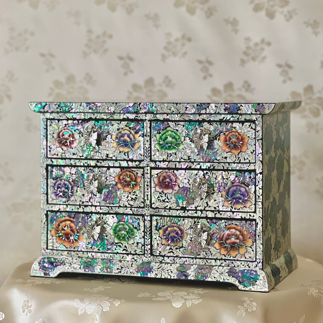 Mother of Pearl Jewelry Chest: Peony and Butterfly Motif in Scholar’s Desk Form