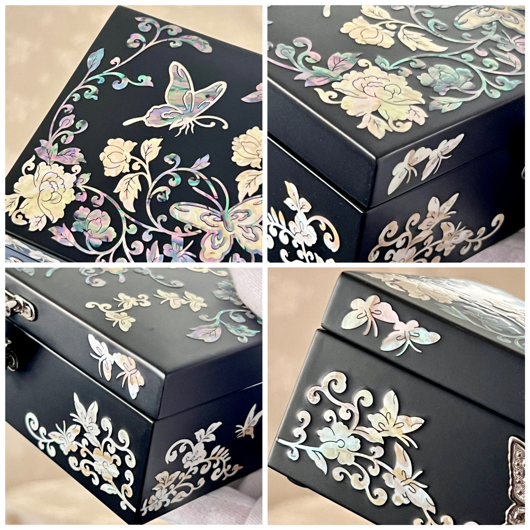 Mother of Pearl Handmade Wooden Black Jewelry Box with Butterfly and Peony Pattern (자개 호접 목단문 보석함)