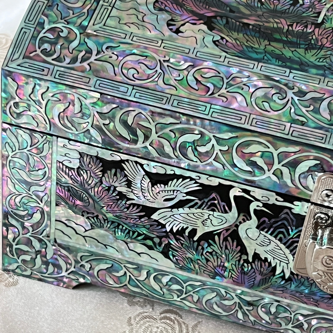Mother-of-Pearl Jewelry Box: Auspicious Mountain Landscape with Cranes