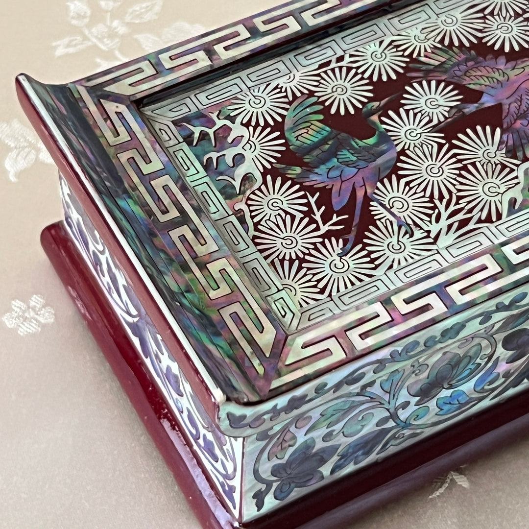 Mother-of-Pearl Lidded Box: Scholar’s Desk-Inspired Form with Crane and Pine Motif, Wine Ground