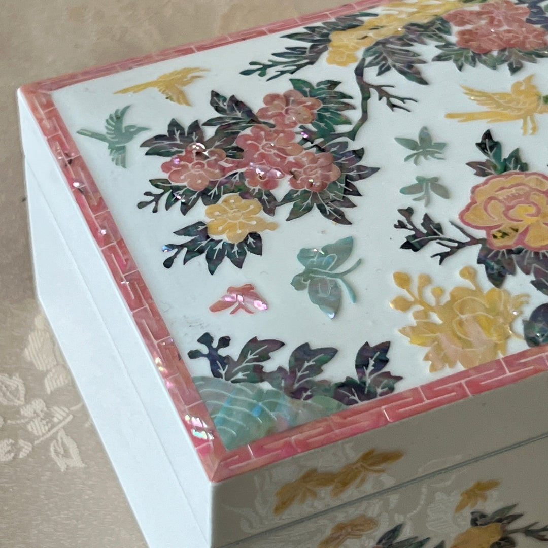 Mother-of-Pearl Jewelry Box: Peony and Bird Floral Motif on White Ground