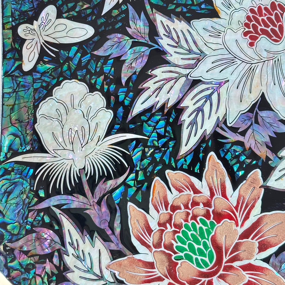 Mother of Pearl Octagonal Decorative Plate: Peony Motif on Abalone