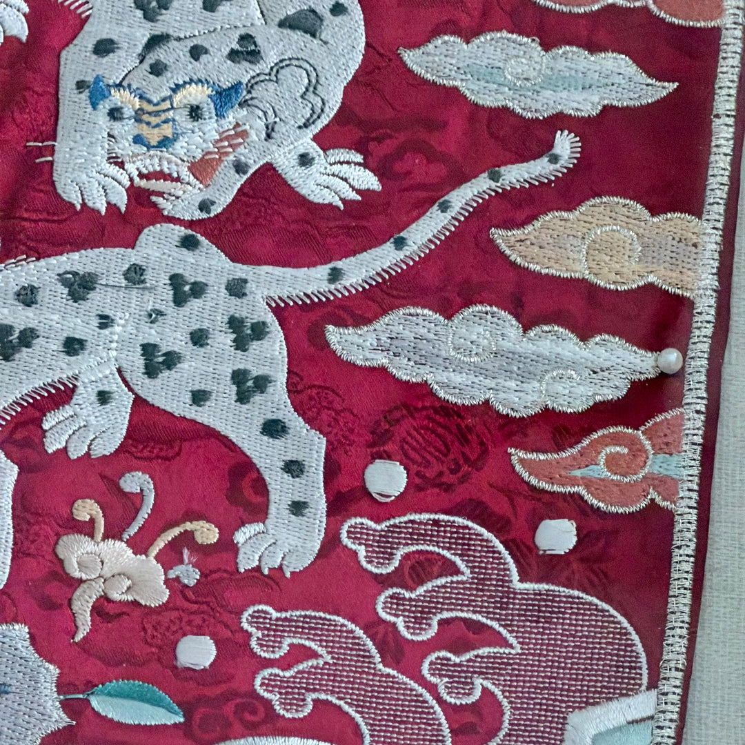 Embroidered Art Panel: Tiger Pair Motif on Red Ground