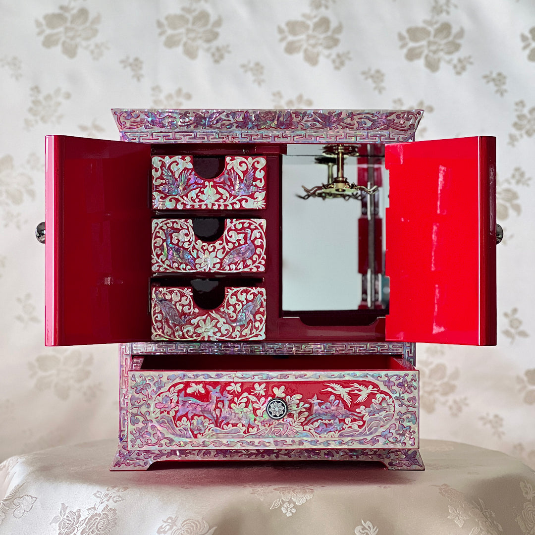 Mother-of-Pearl Double-Door Jewelry Chest: Longevity Motif, Red Ground