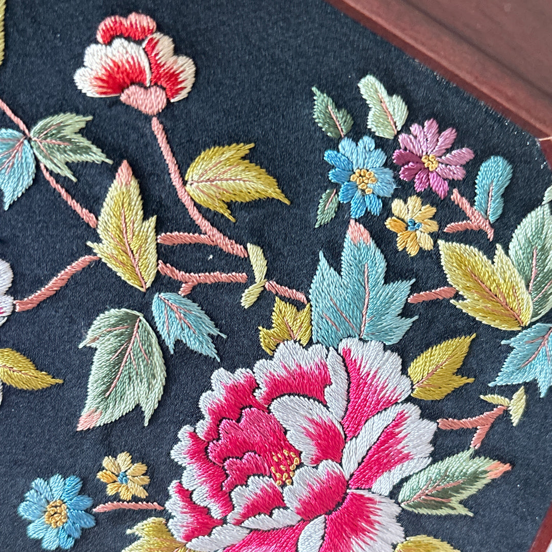 Embroidered Hand Mirror: Large, Octagonal Shape, Peony Garden Motif