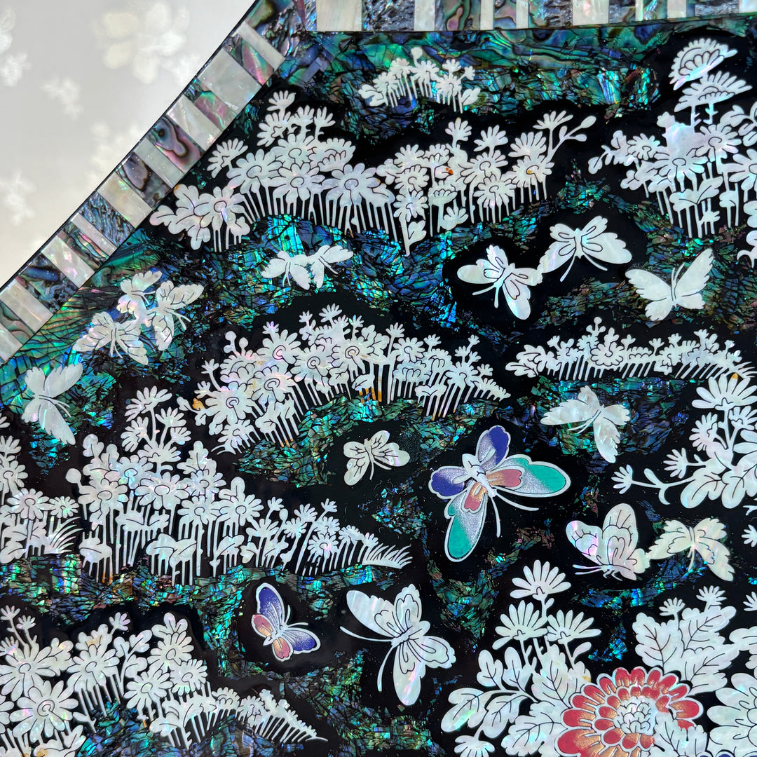 Mother of Pearl Octagonal Tray: Chrysanthemum and Butterfly on Abalone