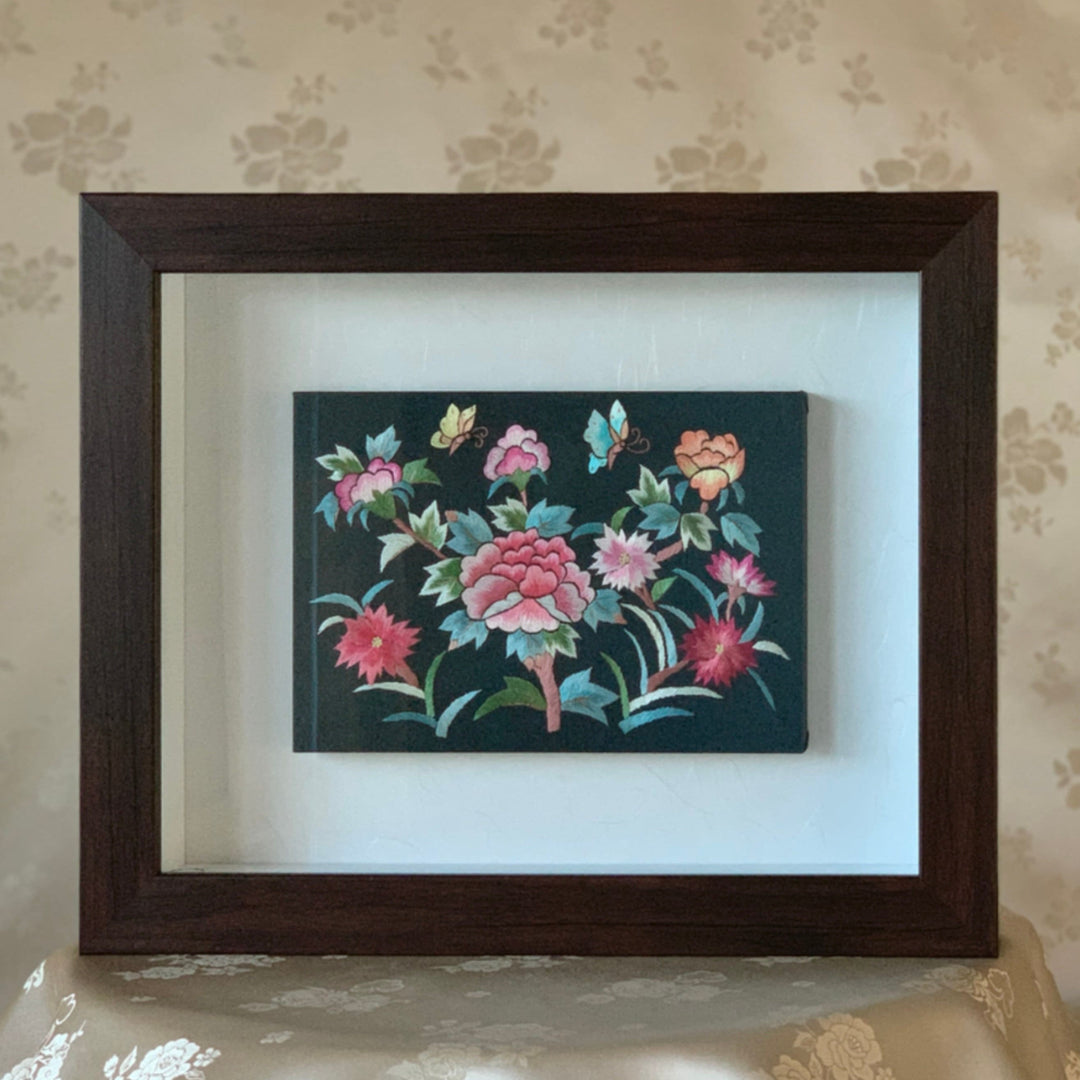 Embroidery with Peony Pattern on Navy Silk in Wooden Rectangle Frame (손자수 호접 목단문 액자)