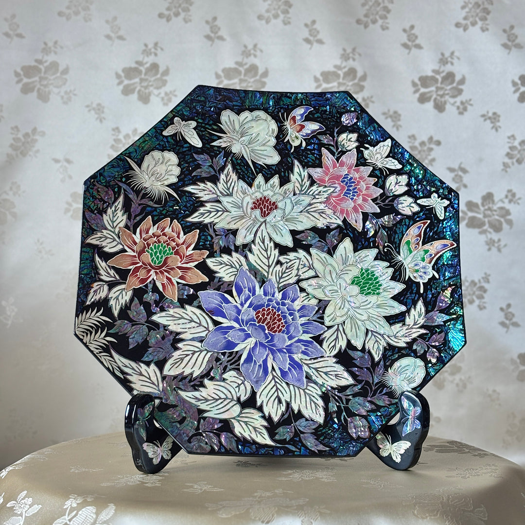 Mother of Pearl Octagonal Decorative Plate: Peony Motif on Abalone