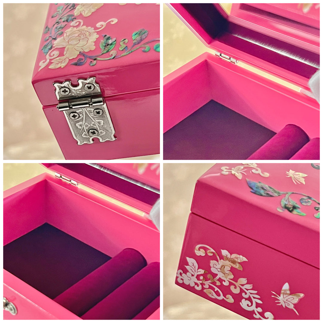 Mother of Pearl Handmade Wooden Pink Jewelry Box with Butterfly and Peony Pattern (자개 호접 목단문 보석함)
