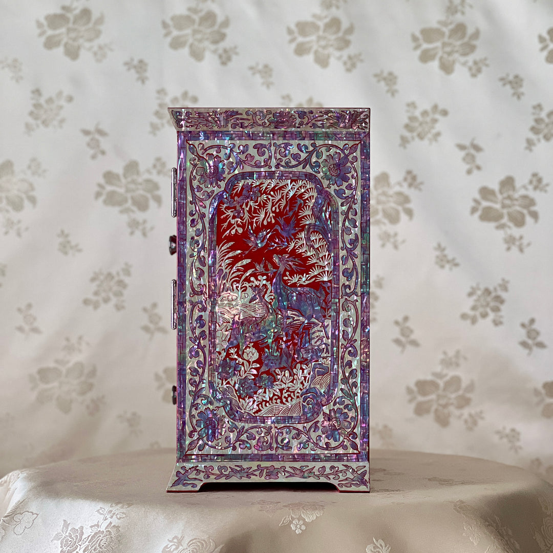 Mother-of-Pearl Double-Door Jewelry Chest: Longevity Motif, Red Ground