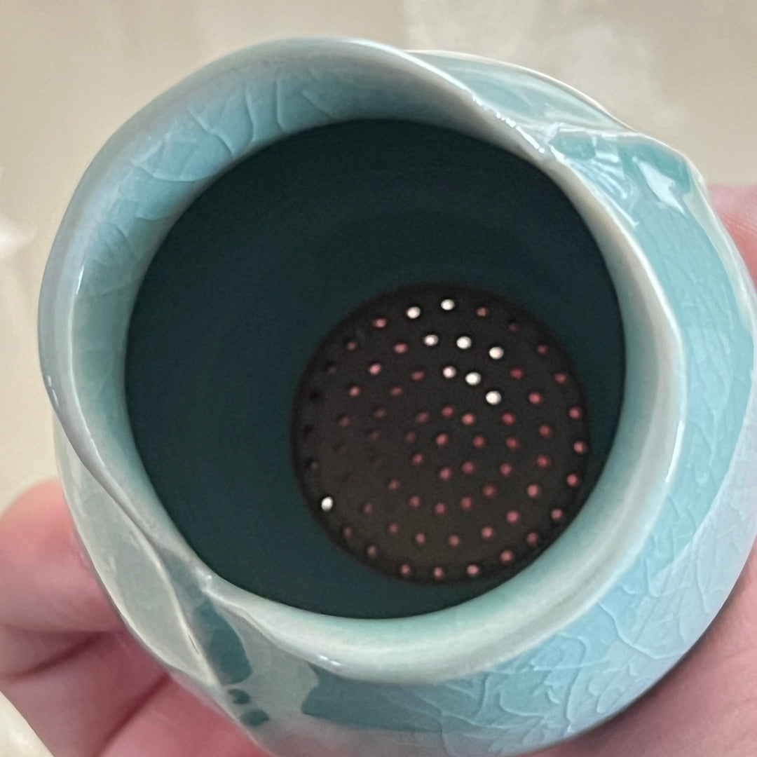 Celadon Tea Cup: Crane Egg Shaped, Inlaid Crane and Cloud Motif