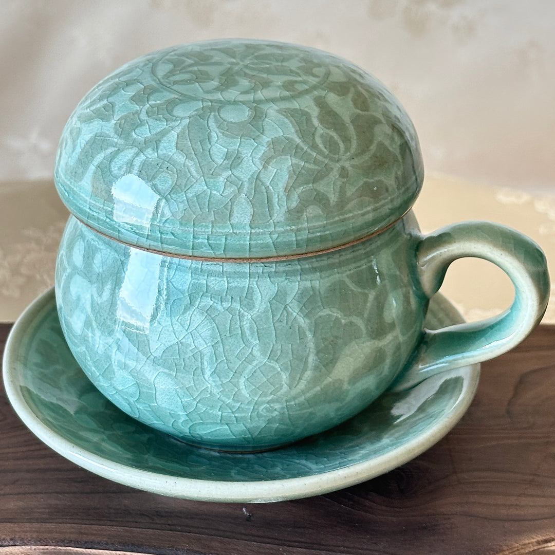 Celadon Lidded Teacup Pair: Reverse Inlaid Peony Motif with White Clay Inlay