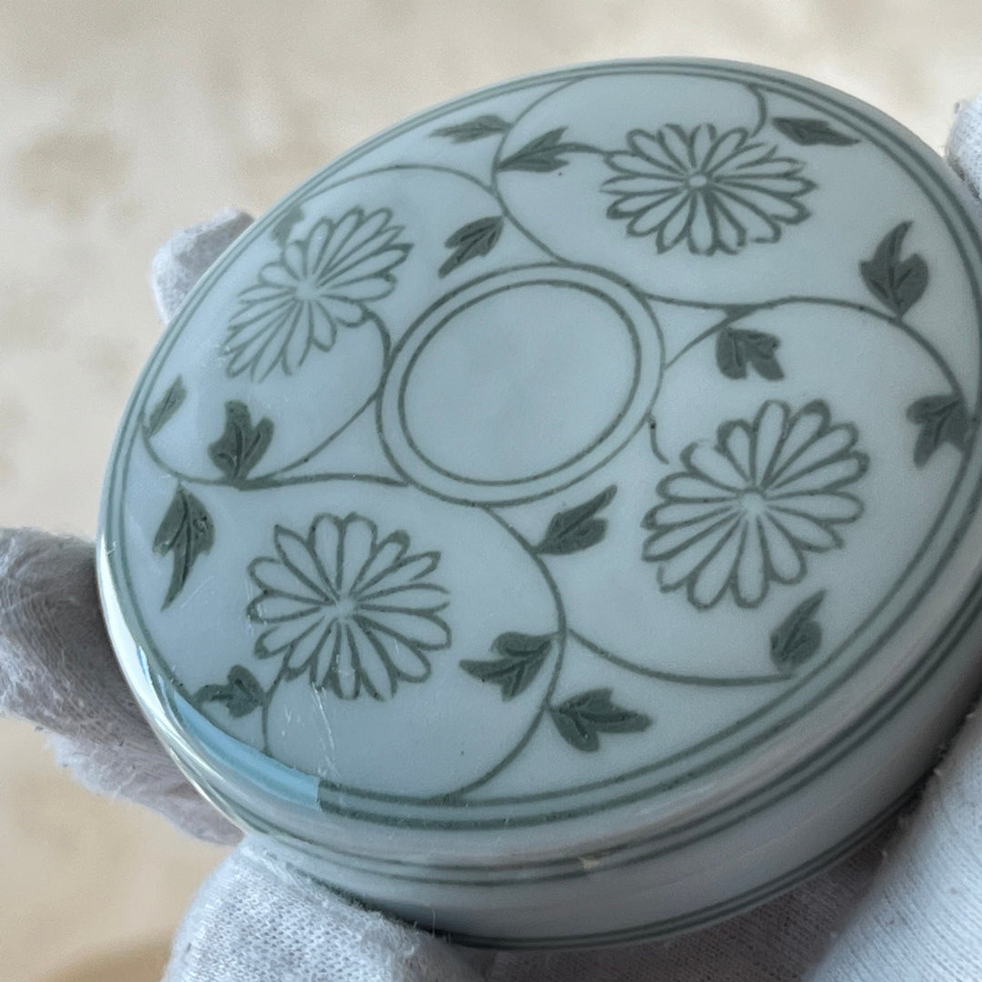 White Porcelain Covered Box: Inlaid Chrysanthemum and Scrolling Vine Motif by Master Artisan