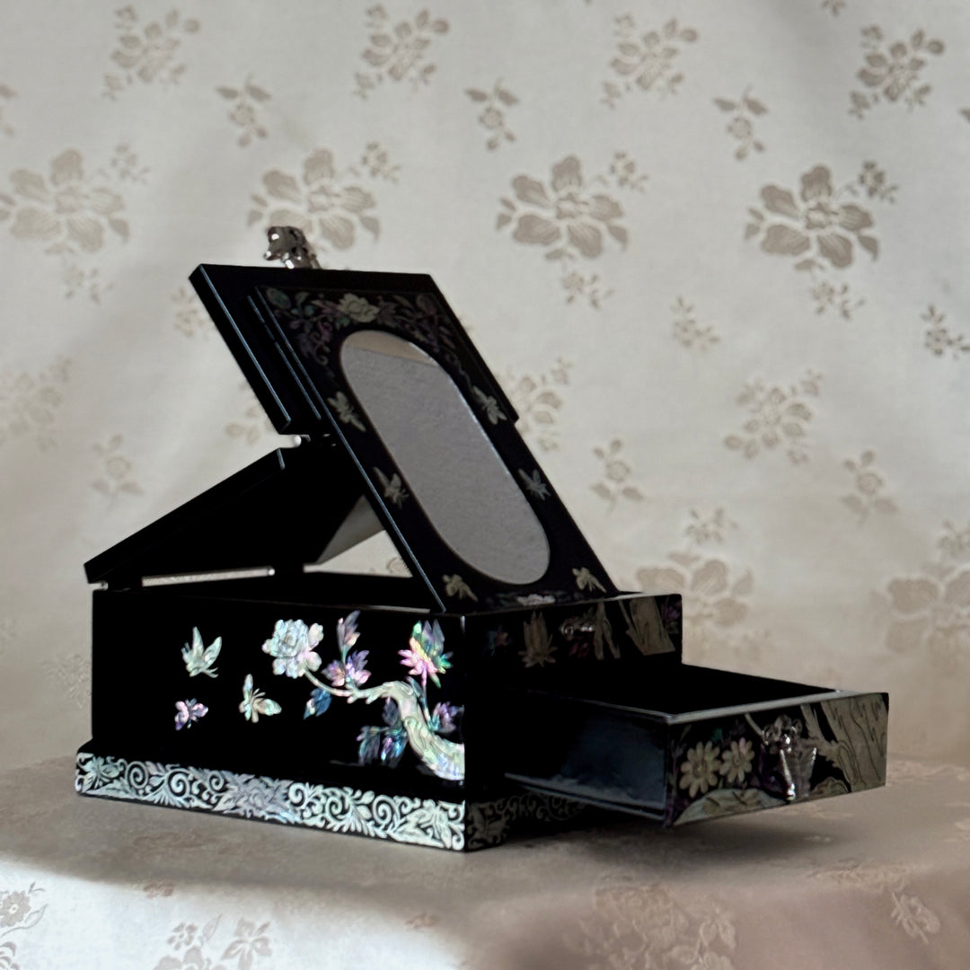 Mother of Pearl Vanity Chest with Mirror Stand: Black Body, Peony Motif
